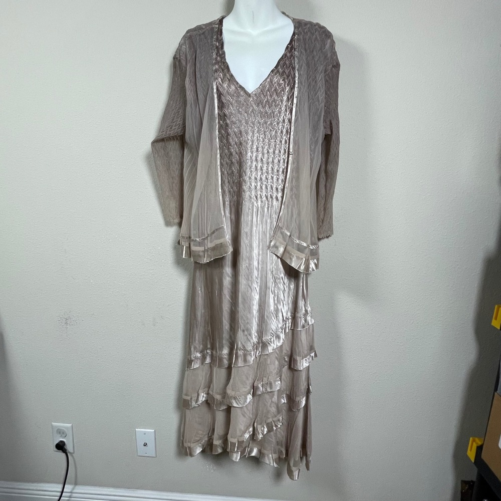 Komarov Pleated Maxi Dress Cardigan Set Women XL Champagne Taupe Wedding Guest